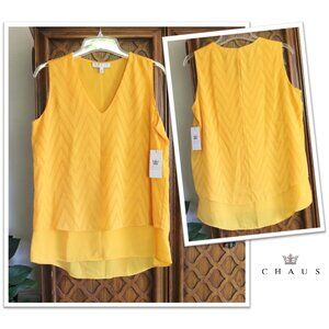 CHAUS Chevron V-Neck Tiered Layer Blouse Style #136040 - Yellow, Size S, NWT!
